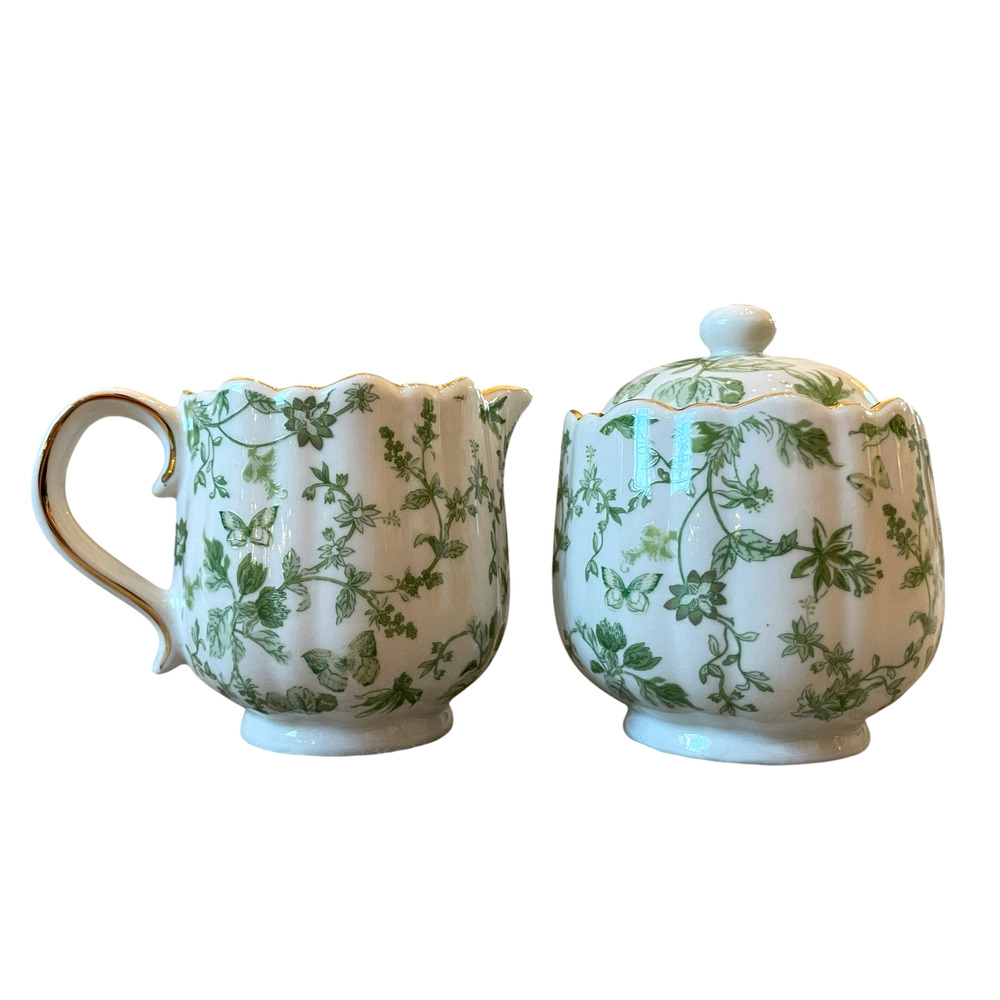Grace Teaware Fine Porcelain Creamer & Sugar Bowl Green & White Floral New